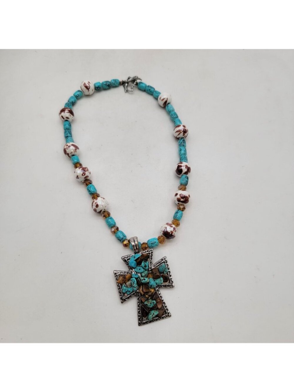 Artisan Turquoise Gemstone Cross Pendant With Faux Turquoise Glass & Pottery - Picture 2 of 6